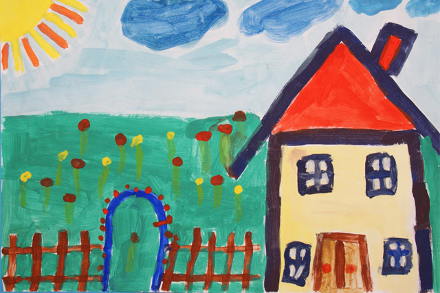 Kinder machen Kunst! Die Villa südSee von einem Mitbewohner in Wasserfarbe gemalt. Psychologisch gesehen positiv ist, wenn die Sonne scheint