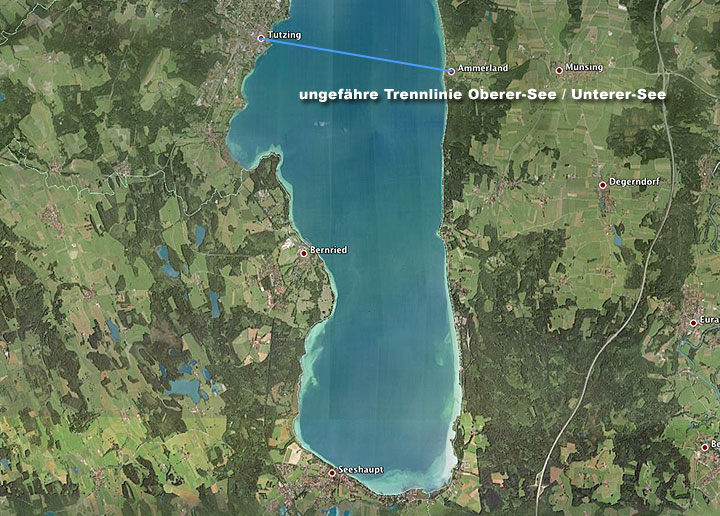 Die Trennlinie zwischen „oberer“ und „unterer“ See verläuft ca. von Tutzing am Westufer nach Ammerland am Ostufer