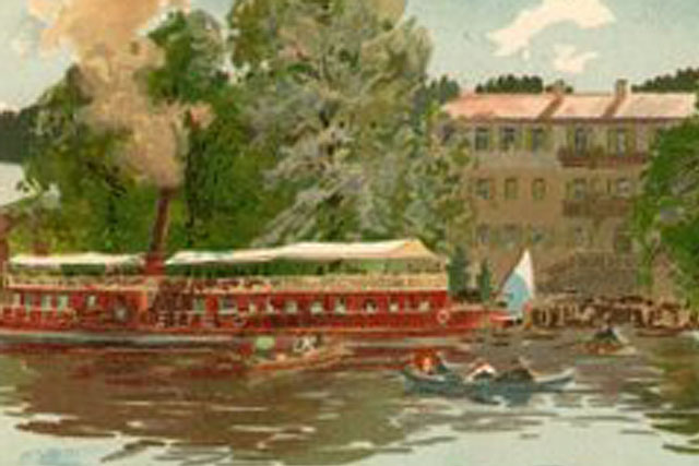 So zeigt eine alte Postkarte aus dem Jahr 1902 das Gasthaus „Zum Fischmeister” mit Dampfschiff im Vordergrund