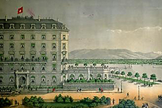 Das Genfer Hotel Beau Rivage in einer Darstellung aus der Zeit der Kaiserin Elisabeth. Hier verbrachte sie die letzte Nacht in ihrem Leben