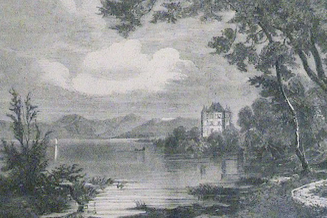 Schloss Garatshausen in einer antiken Darstellung aus dem Lenné-Park in Richtung Süden betrachtet